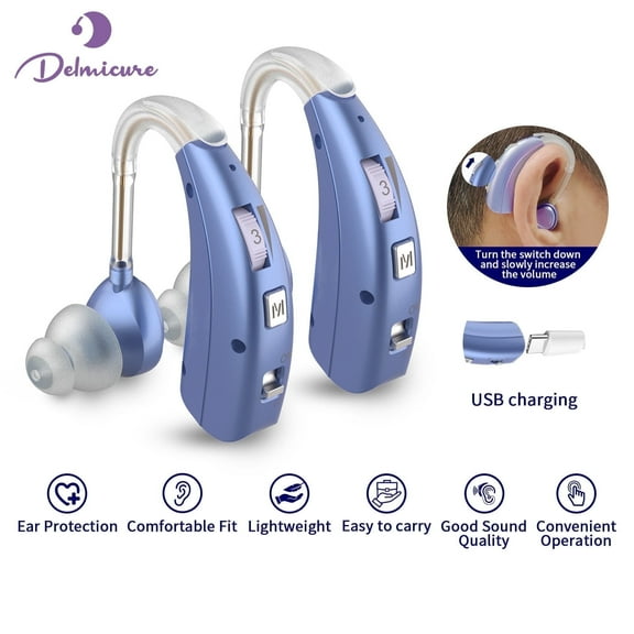 Delmicure Digital Hearing Aids for Seniors, Rechargeable, Dual Frequency Adjustments, Multi-Level Volume Control, VHP-1303 Binaural - Blue