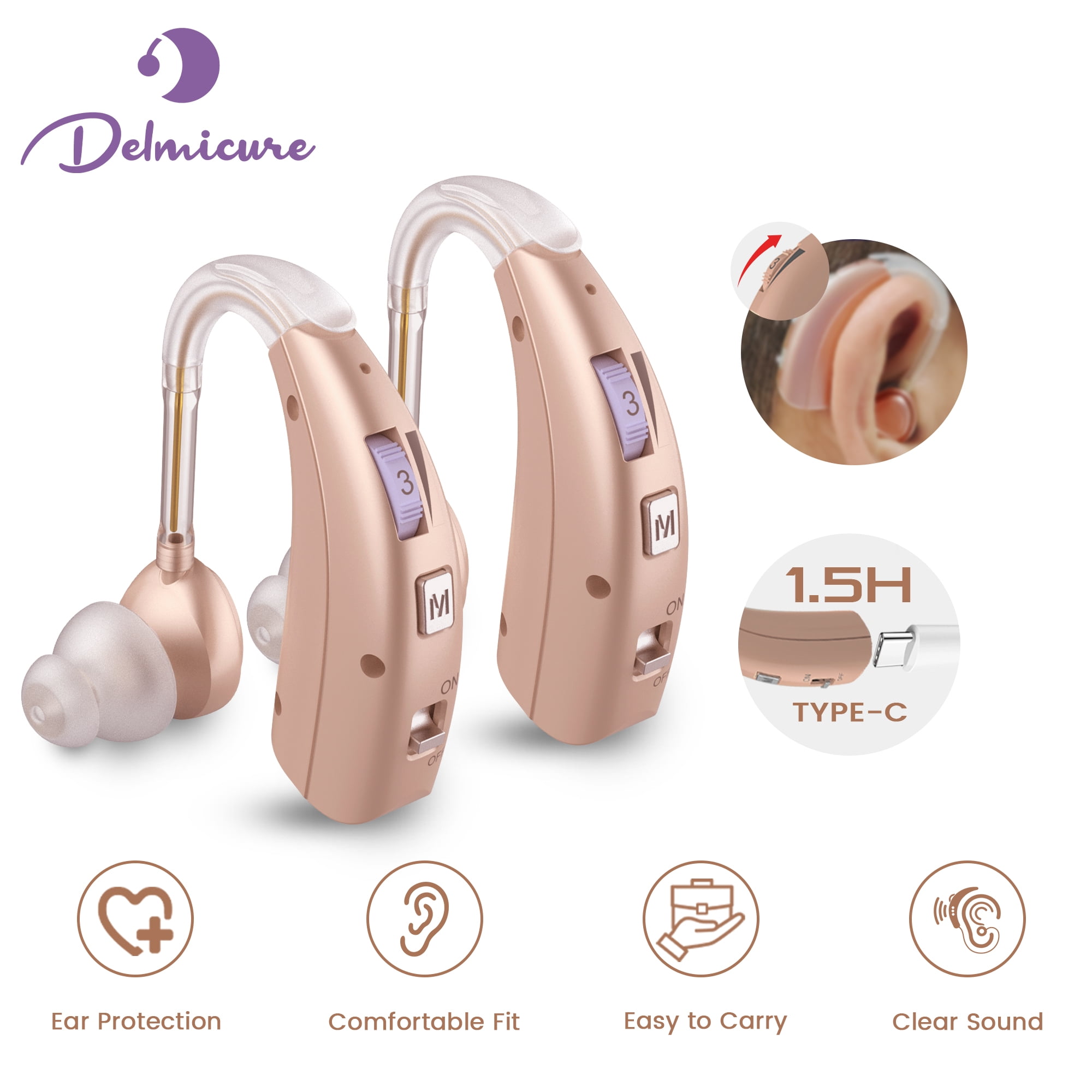 Delmicure Digital Hearing Aids for Seniors, Rechargeable, Pair, VHP-1303, Beige