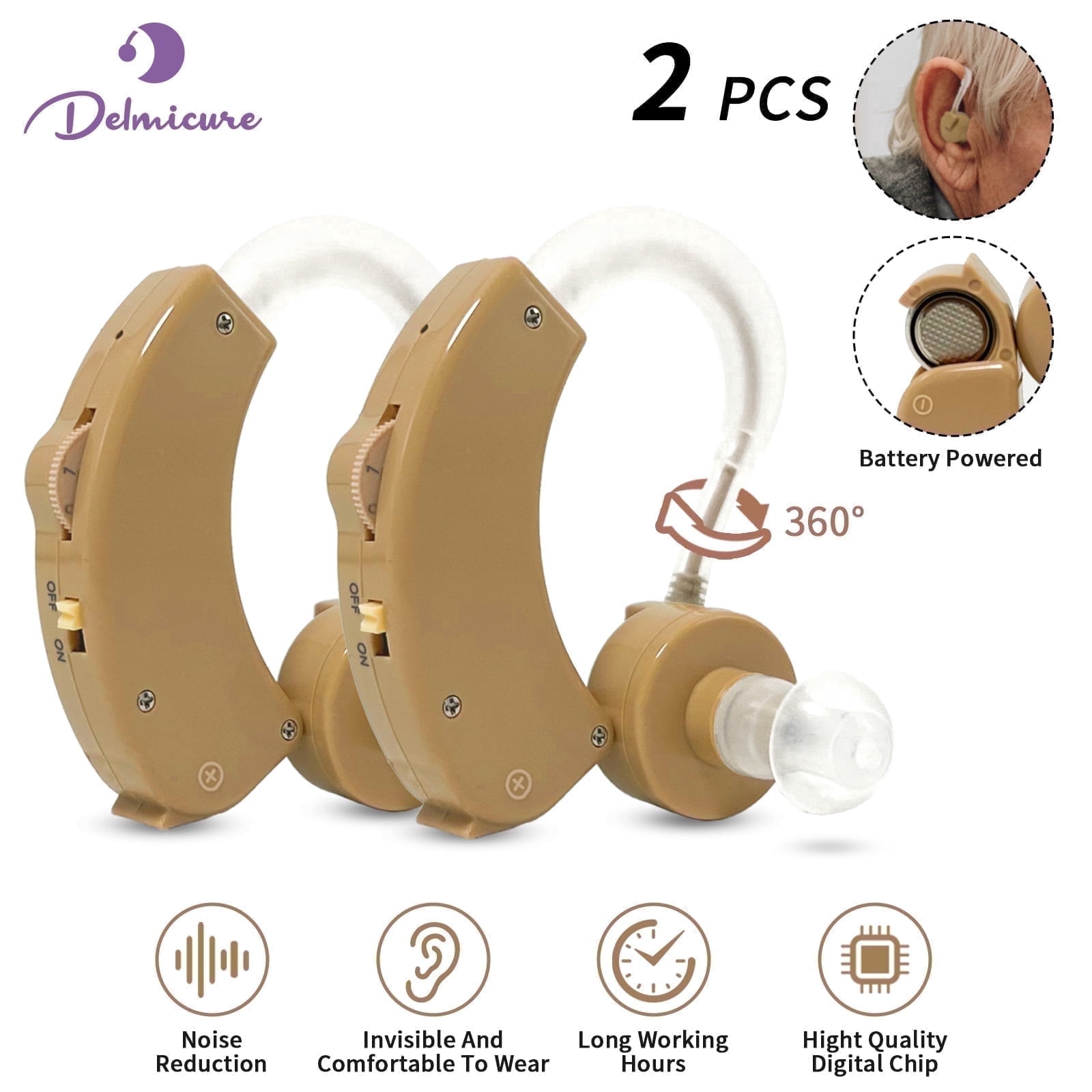 Delmicure Hearing Aids for Seniors with Multi-Level Volume Control, Noise Cancelling, Sound Enhancer, HAP-20, Pair, Beige