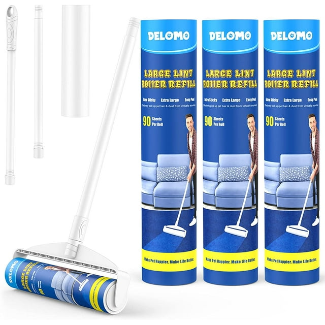 Delomo Sticky Floor Lint Rollers with Extendable Handle, 4 Rollers 360