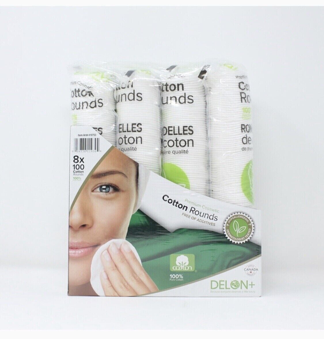 Delon+Premium Cotton Rounds, 8x100 Pack, Dermatologist Tested,Hypoallergenic Premium Cosmetic Cotton Rounds