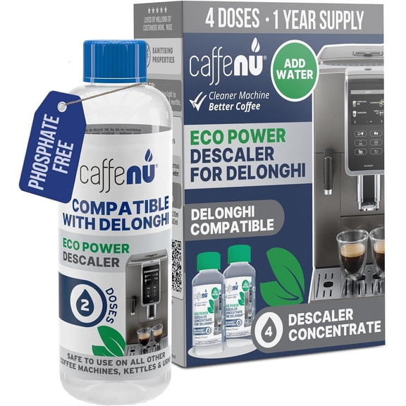 Delonghi Compatible Descaling Solution. 2 Bottles of Descaler Solution. Descaling Kit Removes Limescale For Hotter Coffee. 4 Uses Descaler For Delonghi Coffee Machines.