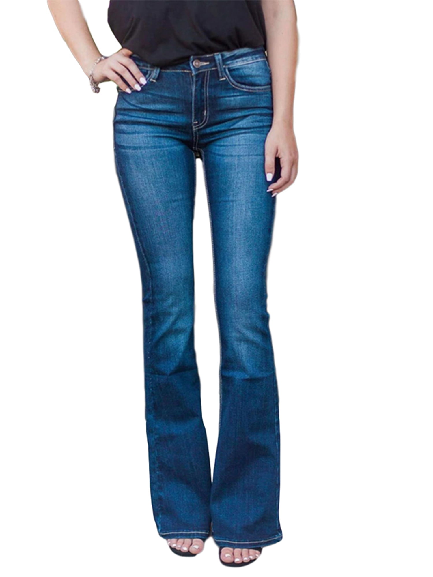 Delou Women's High Waist Wide Leg Bootcut Jeans Long Washed Stretch