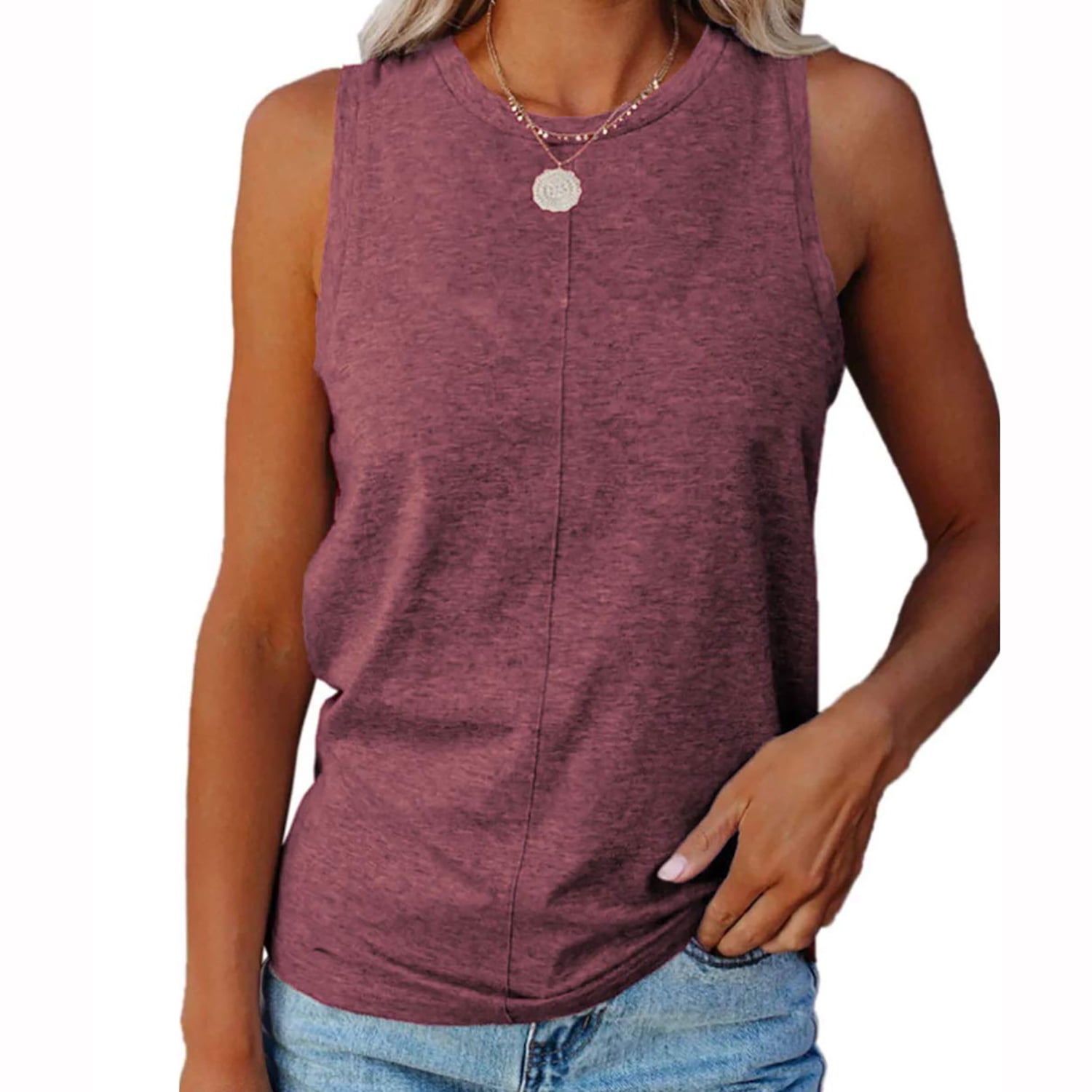 Delou Women's Tank Top Crew Neck Sleeveless TShirt Solid Casual Loose