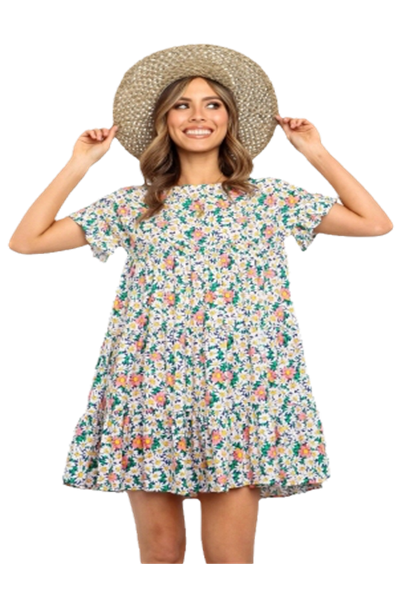 Women's summer floral dress Round neckline with floral print mini skirt