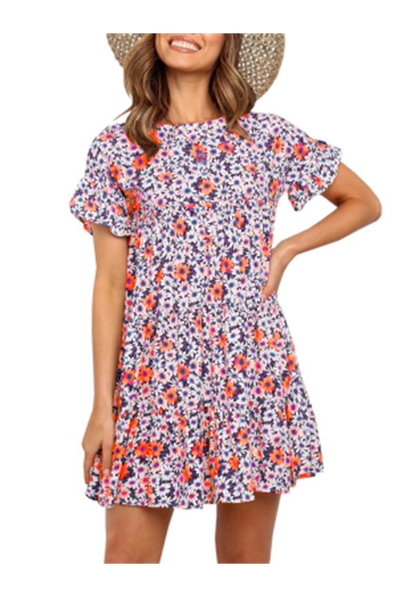 Women's summer floral dress Round neckline with floral print mini skirt