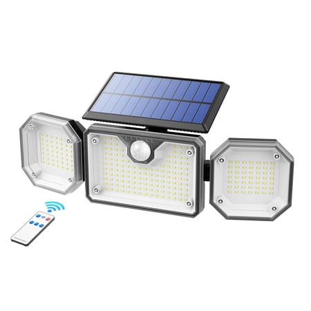 Scootworks Solar Lights Outdoor Lights, Waterproof Motion Sensor Security Lights with Wireless Remote Control, 2500LM 3Heads 230LED Flood Lights for Walkway Patio Garage Yard Entryways