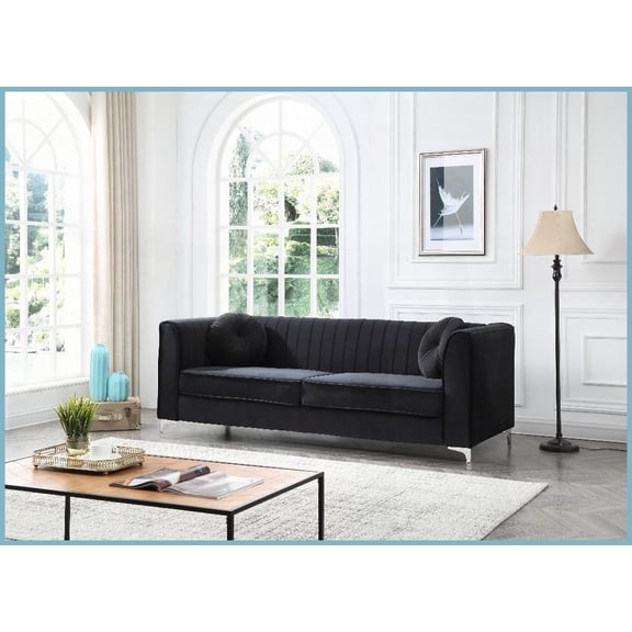 Delray Glam Black Micro Suede Velvet Sofa with Throw Pillows - 2-Box Delivery, Easy Assembly