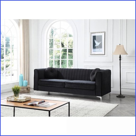 Delray Light Luxury Micro Suede Velvet Sofa Chrome Legs, Included Pillows | Black | Velvet | Metal