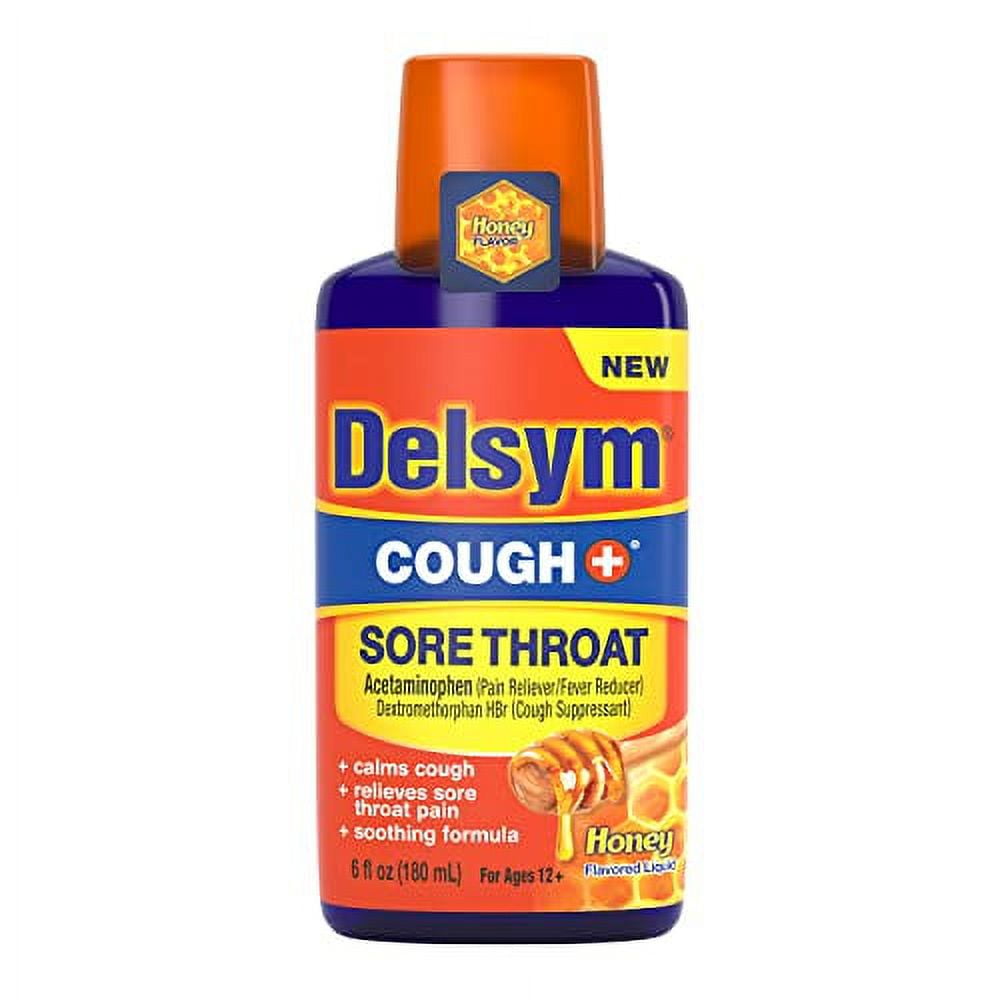 Delsym Adult Liquid, Cough Plus Sore Throat, Honey, 6 Fl Oz