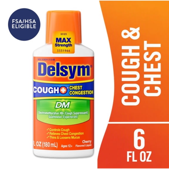 Delsym Max Strength DM Cough + Chest Congestion Medicine, Cherry Flavor, Liquid, 6 fl oz