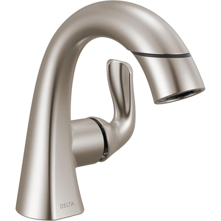 Delta Arvo 1 Hole Pull Down Bathroom Faucet with Sprayer, Brushed Nickel Single Hole Bathroom Sink Faucet with Pull Out Sprayer for Vanity, Push-Pop Drain, SpotShield Stainless