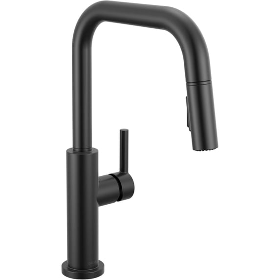 Delta Nicoli Matte Black U-Spout Kitchen Faucet with Pull Down Sprayer, Modern Single Hole Kitchen Sink Faucet, Single Handle, Matte Black