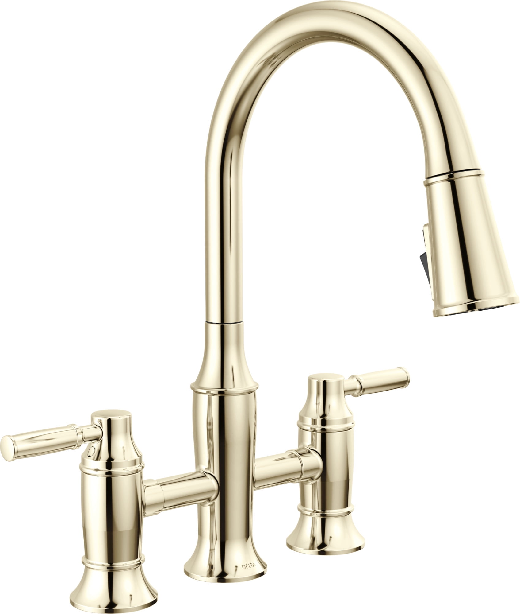 Polished Nickel Double Handle Bridge Kitchen Faucet with Pull-out Spray