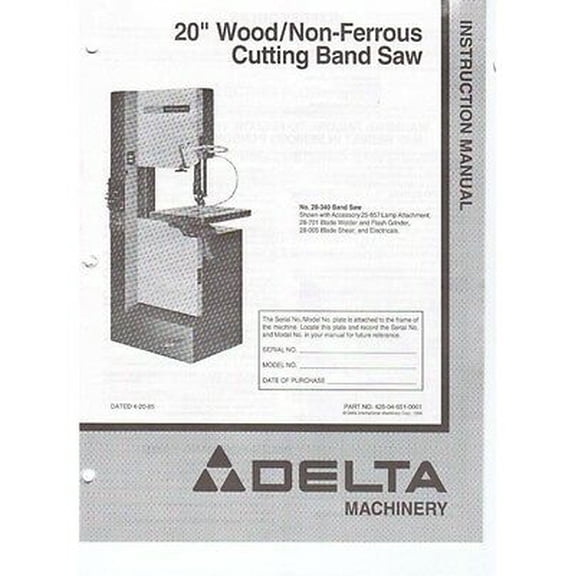 Delta 28-340 28-655 20" Wood/Non-Ferrous Cutting Band Saw Instruction Manual REPRINT