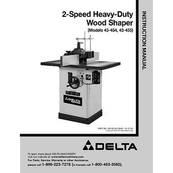 Delta 43-454 43-455 2-Speed Heavy-Duty Wood Shaper Instruction Manual REPRINT