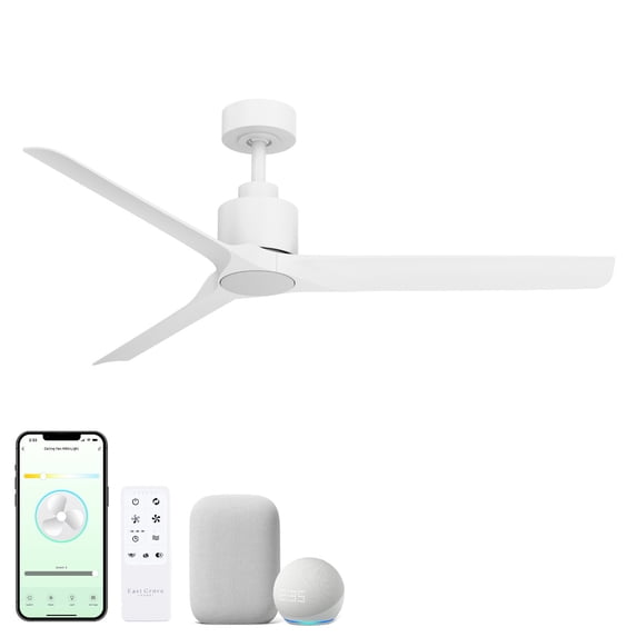 Delta 52in 3-Blade Smart Ceiling Fan or Flush Mount Fan 2700K-6000K CCT Tunable Range LED Light Kit with White Hardware in White Blades Works With iOS or Android App