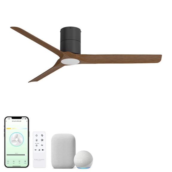 Delta 52in 3-Blade Smart Flush Mount Ceiling Fan 2700K-6000K CCT Tunable Range LED Light Kit with Black Hardware in Walnut Blades Works With iOS or Android App