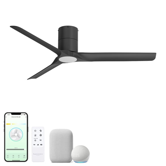 Delta 52in 3-Blade Smart Flush Mount Ceiling Fan 2700K-6000K CCT Tunable Range LED Light Kit with Matte Black Hardware in Matte Black Blades Works With iOS or Android App