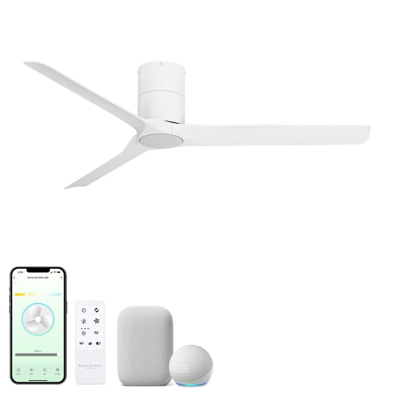 Delta 52in 3-Blade Smart Flush Mount Ceiling Fan 2700K-6000K CCT Tunable Range LED Light Kit with White Hardware in White Blades Works With iOS or Android App