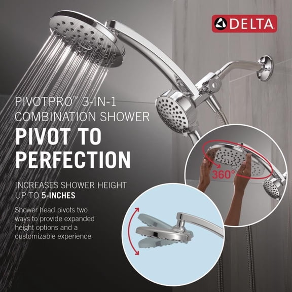 Delta 6-setting Pivotpro 3-in-1 Combination Shower Head With Proclean Spray Chrome Round Rainfall Handheld 1.75 Gpm 75649