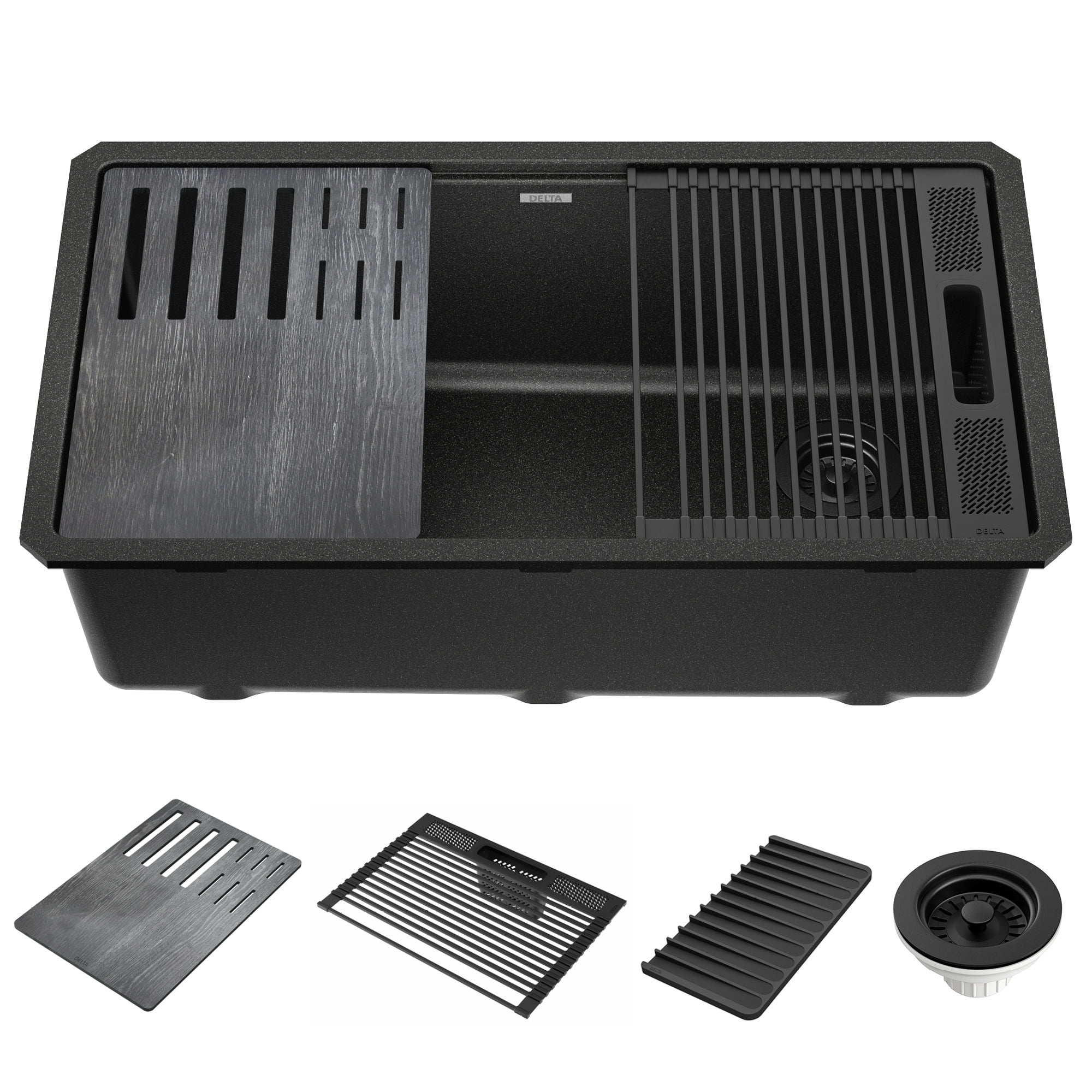 Metallic Black Granite Composite Single Bowl Workstation Sink with Drainboard