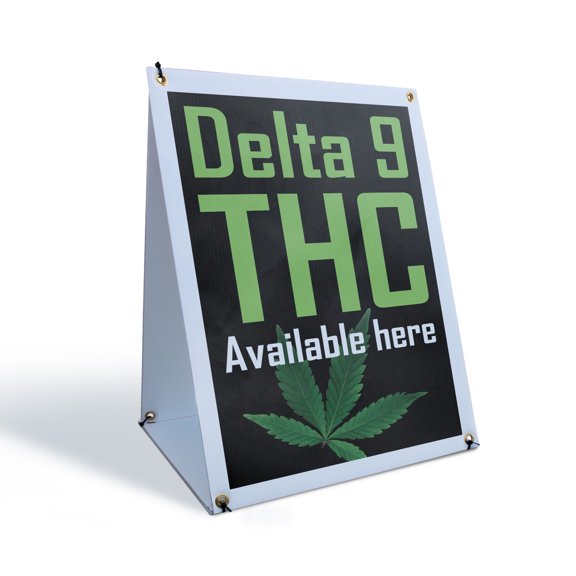 Delta 9 THC Available Here Sidewalk Sign 24 Inch x 36 Inch A-Frame Images On Both Sides | Alternative Wellness, Herbal Products, Customer Focused | Made in USA