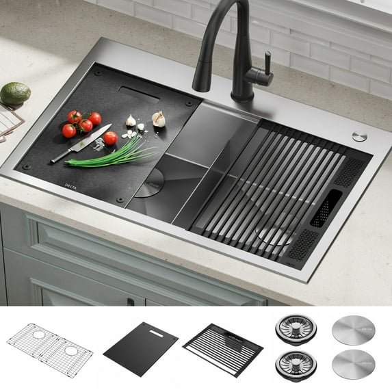 Delta 95A931-33D Rivet 33” Workstation Kitchen Sink Top Mount Drop-In 16 Gauge Stainless