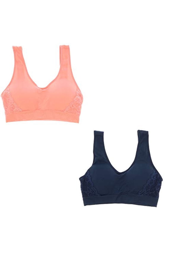 Intimates Women's Plus Size Seamless Comfort Band Lacey Detail Bra 2 Piece Set - Peach and Navy Blue - 2X-Large