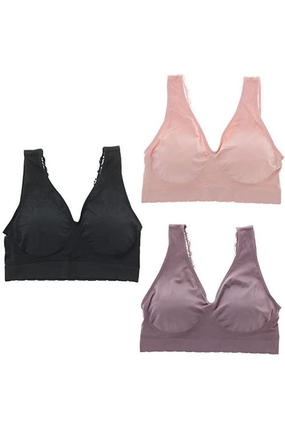 Intimates Women's Plus Size Seamless Comfort Band Lacey Strap Bralette 3 Piece Set - Light Pink, Dark Lilac and Black - 3X-Large