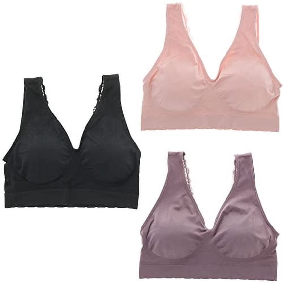 Delta Burke Intimates Women's Plus Size Seamless Comfort Band Lacey Strap Bralette 3 Piece Set - Light Pink, Dark Lilac and Black - 3X-Large