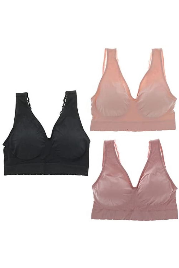 Intimates Women's Plus Size Seamless Comfort Band Lacey Strap Bralette 3 Piece Set - Light Pink, Dusty Rose and Black - 3X-Large