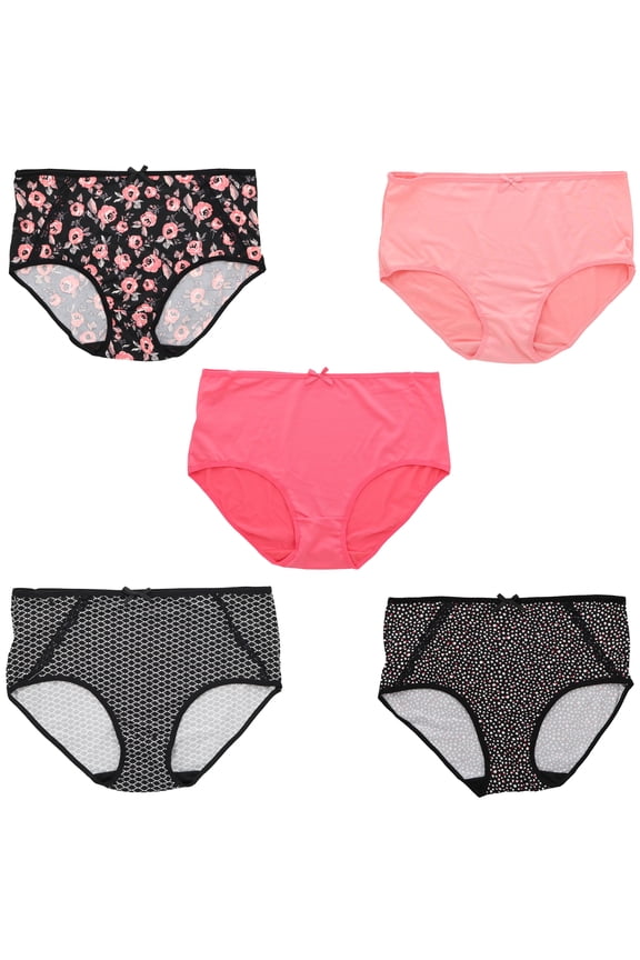 Intimates Women's Plus Size Sexy Classic High Rise Brief Panties (5Pr) (Large, Hot Pink Black Florals)