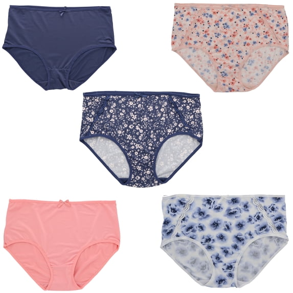 Delta Burke Intimates Women's Plus Size Sexy Classic High Rise Brief Panties (5Pr) (X-Large, Navy Blue Pink Florals)
