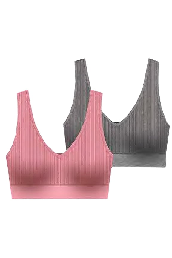 Seamless Padded Ribbed Comfort Bra w/Removable Pads 2-Pack -   Heather Grey/Deep Rose,  1X - Fits 36C/D/DD Thru 38B/C