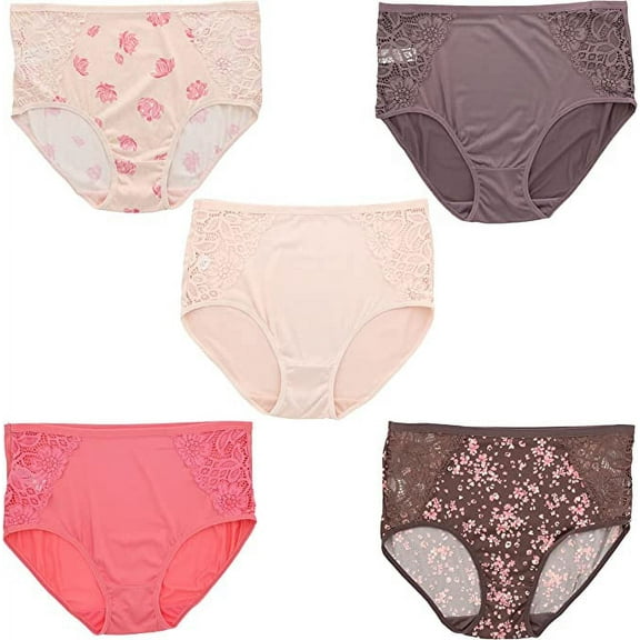 Delta Burke Women's Plus Size Sexy Panties High Rise Soft Briefs 5 Pack - Brown & Pink Cherry Bloosoms - 7 Large