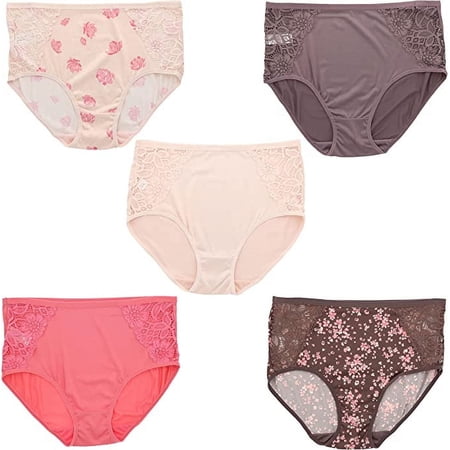 Delta Burke Women's Plus Size Sexy Panties High Rise Soft Briefs 5 Pack - Brown & Pink Cherry Bloosoms - 9 2X-Large