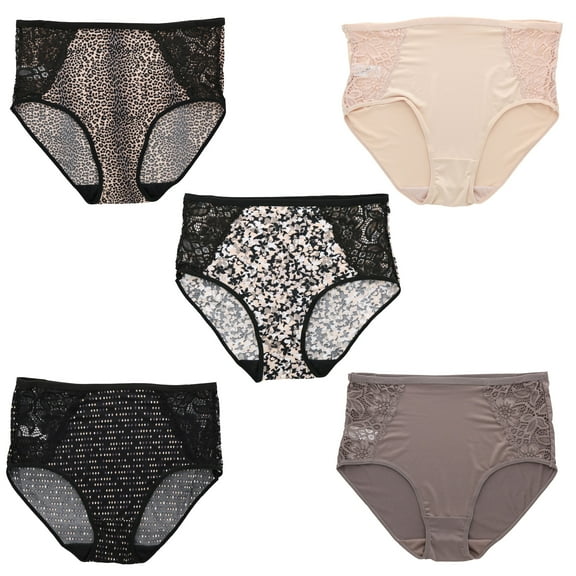 Delta Burke Women's Plus Size Sexy Panties High Rise Soft Briefs 5 Pack - Lacey Animal Print - 7 Large