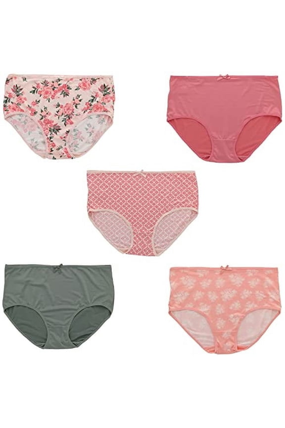 Women's Plus Sized Sexy Smooth High Rise Briefs 5 Pack - Pink Army Green Florals - 9 / 2X-Large