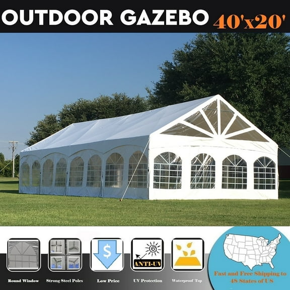 Delta Canopies 40'x20' PVC Marquee Fire Retardant Party Tent Wedding Canopy Gazebo with Steel Frame, Removable Side Window Walls and Clear End Panels - White