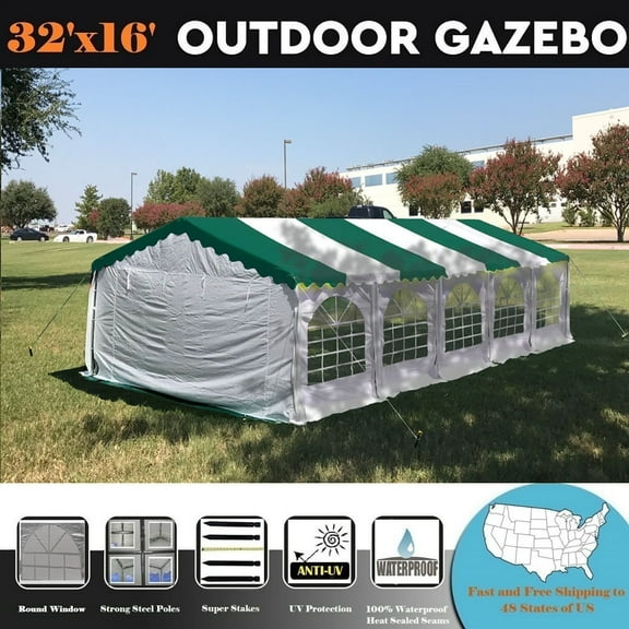 Delta Canopy 32'x16' Budget PVC Party Tent Wedding Canopy Gazebo with Steel Frame, Removable Side Window Walls and End Panels - Green White