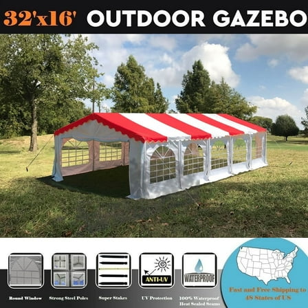 Delta Canopy 32'x16' Budget PVC Party Tent Wedding Canopy Gazebo with Steel Frame, Removable Side Window Walls and End Panels - Red White