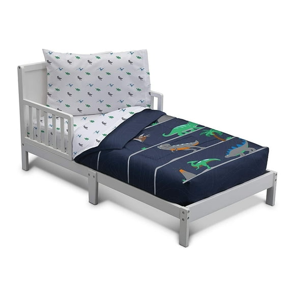 Delta Children 4-Piece Boys Toddler Bedding Set Collection | Includes: Fitted Sheet, Flat Top Sheet w/ Elastic Bottom, Fitted Comforter w/ Elastic Bottom, Pillowcase | Jurassic | Blue