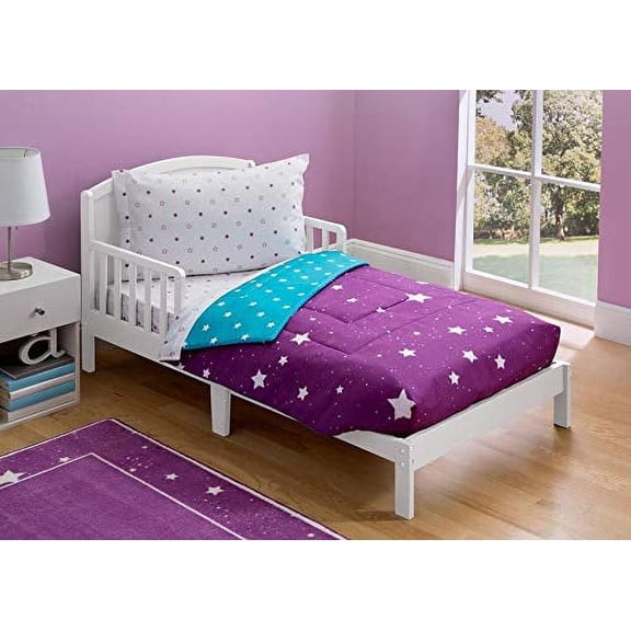 Delta Children 4-Piece Girls Toddler Bedding Set Collection | Includes: Fitted Sheet, Flat Top Sheet w/ Elastic Bottom, Fitted Comforter w/ Elastic Bottom, Pillowcase | Starry Night | Purple Stars