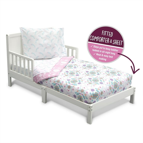 Delta Children 4 Piece Toddler Bedding Set for Girls - Reversible 2-in-1 Comforter - Includes Fitted Comforter to Keep Little Ones Snug, Bottom Sheet, Top Sheet, Pillow Case - Pink Bohemian