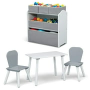 Delta Children 4-Piece Toddler Playroom Set – Includes Play Table, 2 Chairs and and 6 Bin Toy Organizer with Reusable Vinyl Cling Stickers, Light Grey/Dark Grey