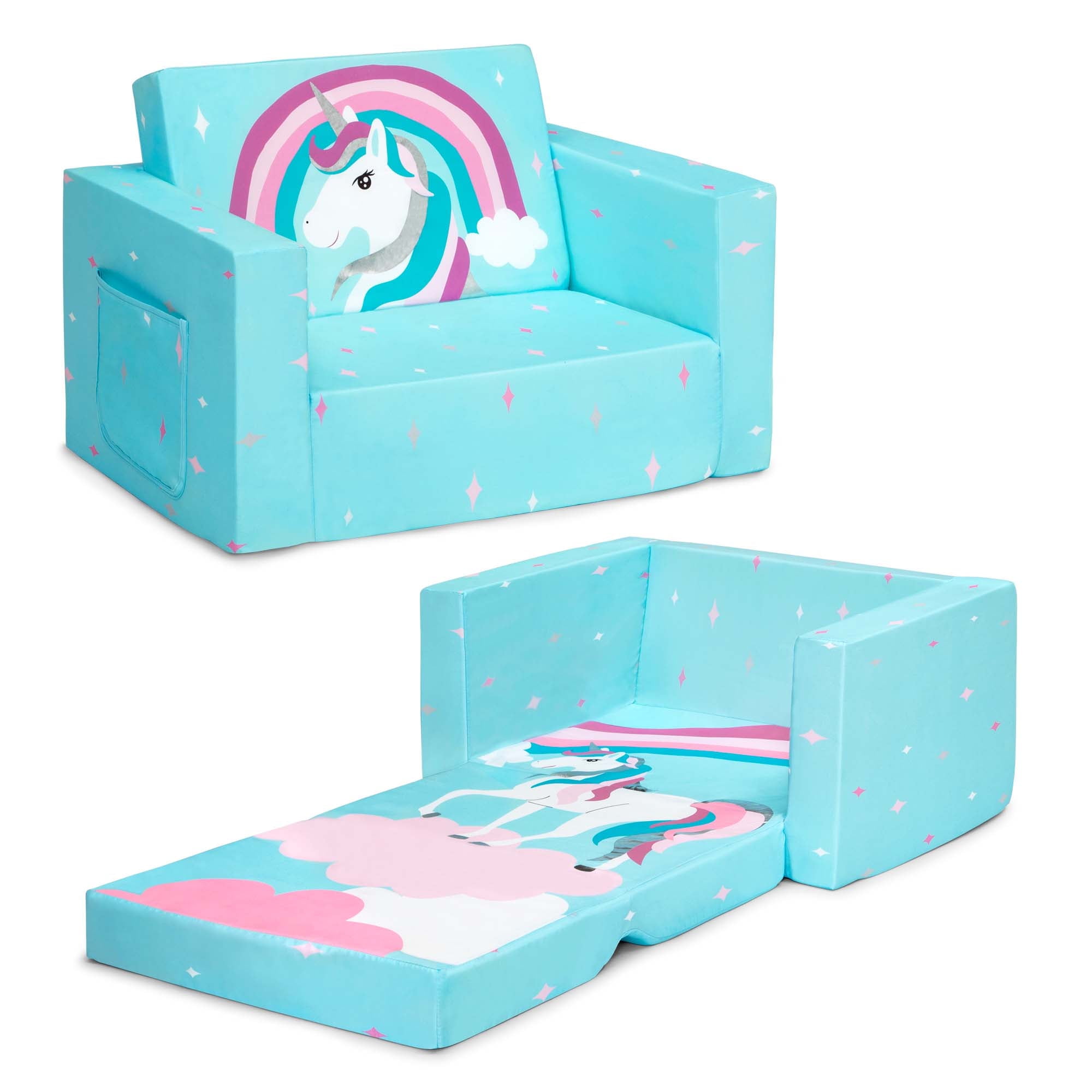 Delta Children Cozee Flip-Out Chair - 2-in-1 Convertible Chair to Lounger for Kids, Blue Unicorn