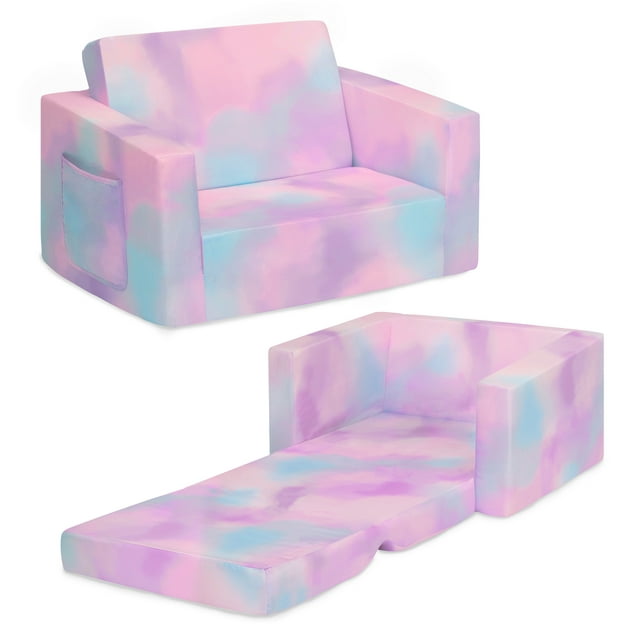 Delta Children Cozee Flip-Out Chair - 2-in-1 Convertible Chair to Lounger for Kids, Pink Tie Dye