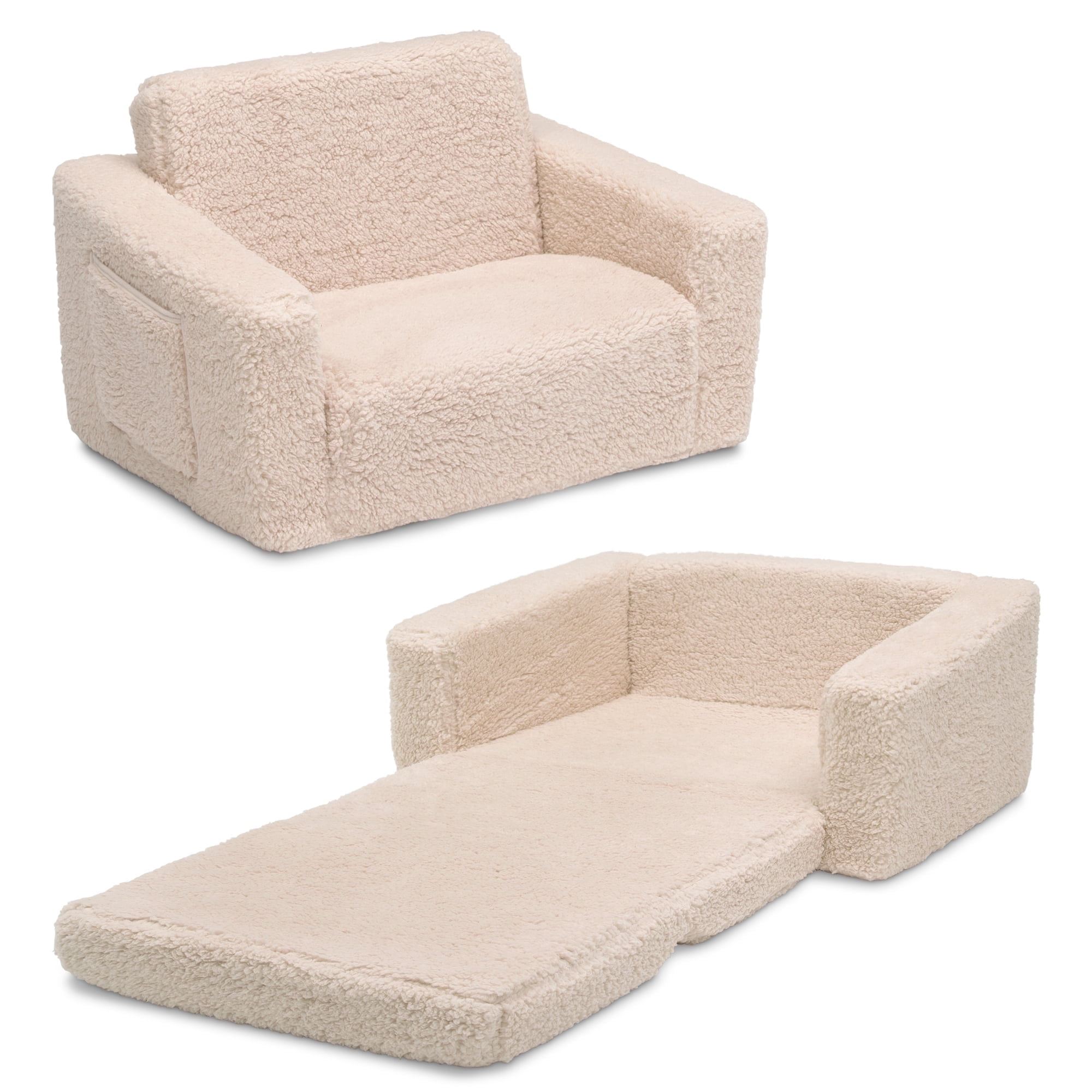 Delta Children's Toddler Convertible 2-in-1 Sherpa Sofa Chair to Lounger, Cream
