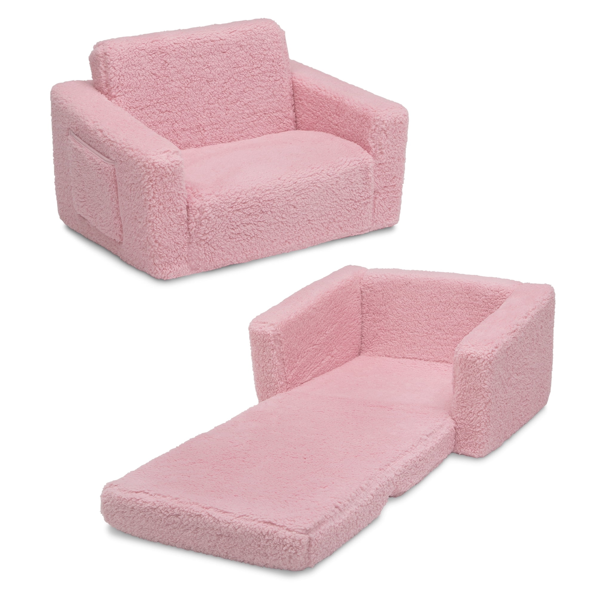 Delta Children Cozee Flip-Out Sherpa 2-in-1 Convertible Chair to Lounger for Kids, Pink